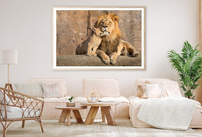 Male African Lion Is Cuddled by His Cub Home Decor Premium Quality Poster Print Choose Your Sizes