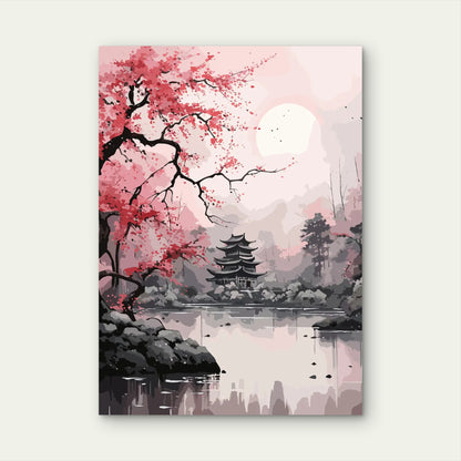 Zen Pagoda Sakura Lake 60x90cm Metal Print Ready to Hang