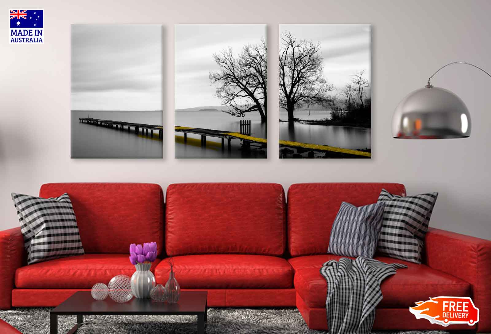 3 Set of Yellow Wooden Pier Lake High Quality Print 100% Australian Made Wall Canvas Ready to Hang