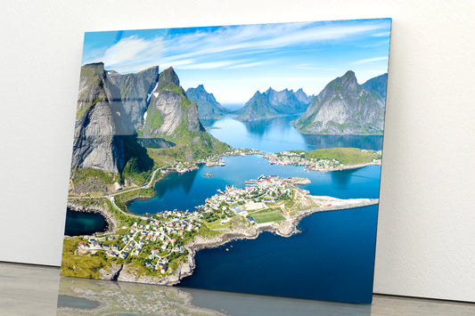 A Scenic View of Lofoten on the Water with Mountains Acrylic Glass Print Tempered Glass Wall Art 100% Made in Australia Ready to Hang