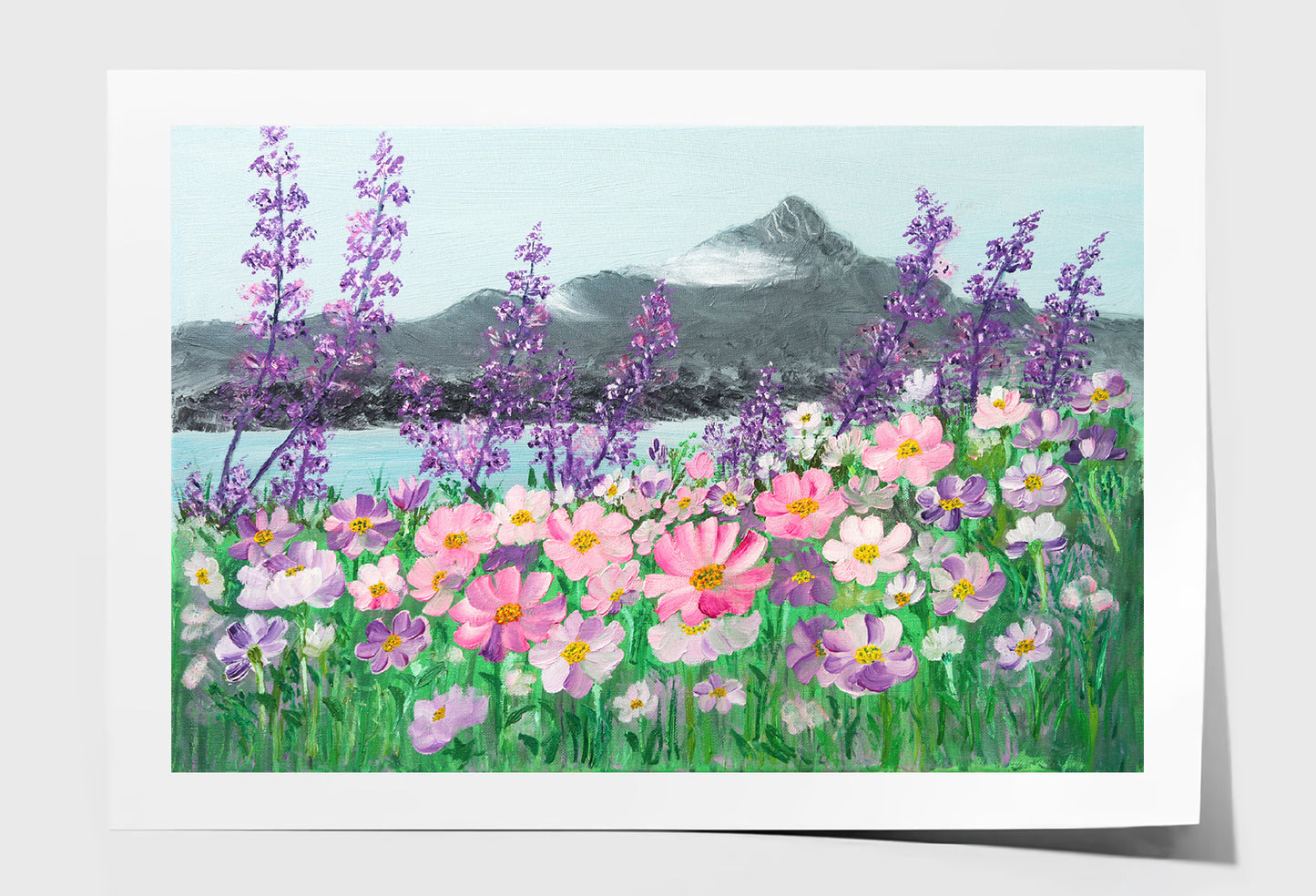 Pink & Purple Cosmos Daisies & Mountains Lake Painting Wall Art Limited Edition High Quality Print Unframed Roll Canvas None