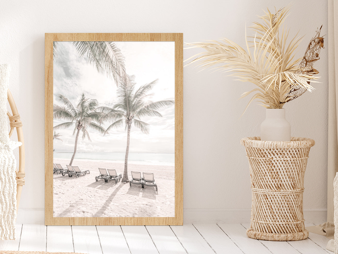 Palm Trees & Beach Chairs near Beach Glass Framed Wall Art, Ready to Hang Quality Print Without White Border Oak