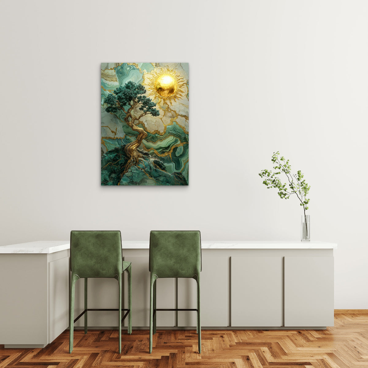 Gold Sun Marble Emerald Tree 40x60cm Metal Print Ready to Hang