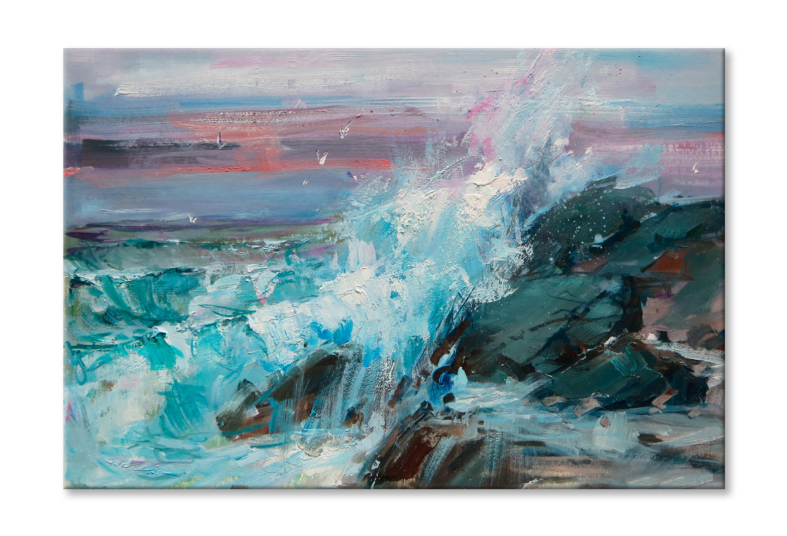 Foam Wave Rocky Sea Oil Painting Wall Art Limited Edition High Quality Print Stretched Canvas None