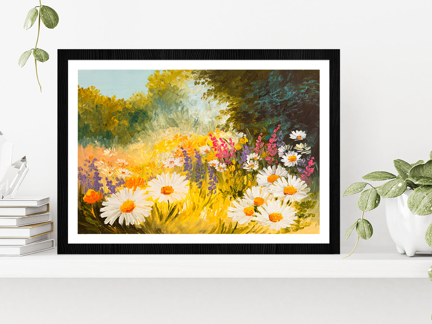 Field Of Daisies Oil Painting Glass Framed Wall Art, Ready to Hang Quality Print With White Border Black