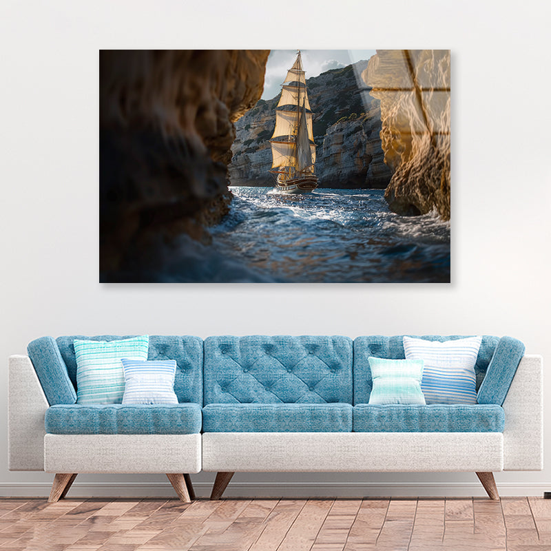 Sailboat Floating In the Water with Sky and Rocks Acrylic Glass Print Tempered Glass Wall Art 100% Made in Australia Ready to Hang