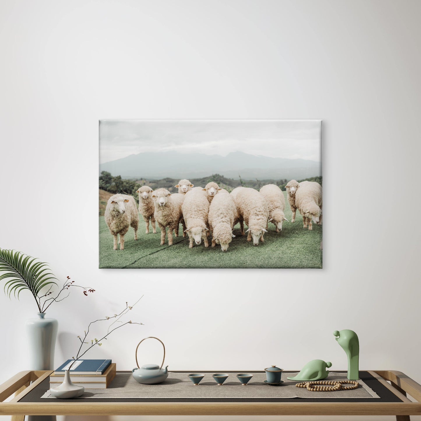 Neutral Toned Shaggy Sheep on Green Hill with Misty Mountains Wall Art Decor 100% Australian Made