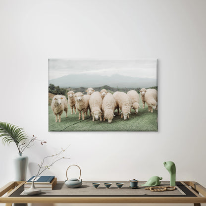 Neutral Toned Shaggy Sheep on Green Hill with Misty Mountains Wall Art Decor 100% Australian Made