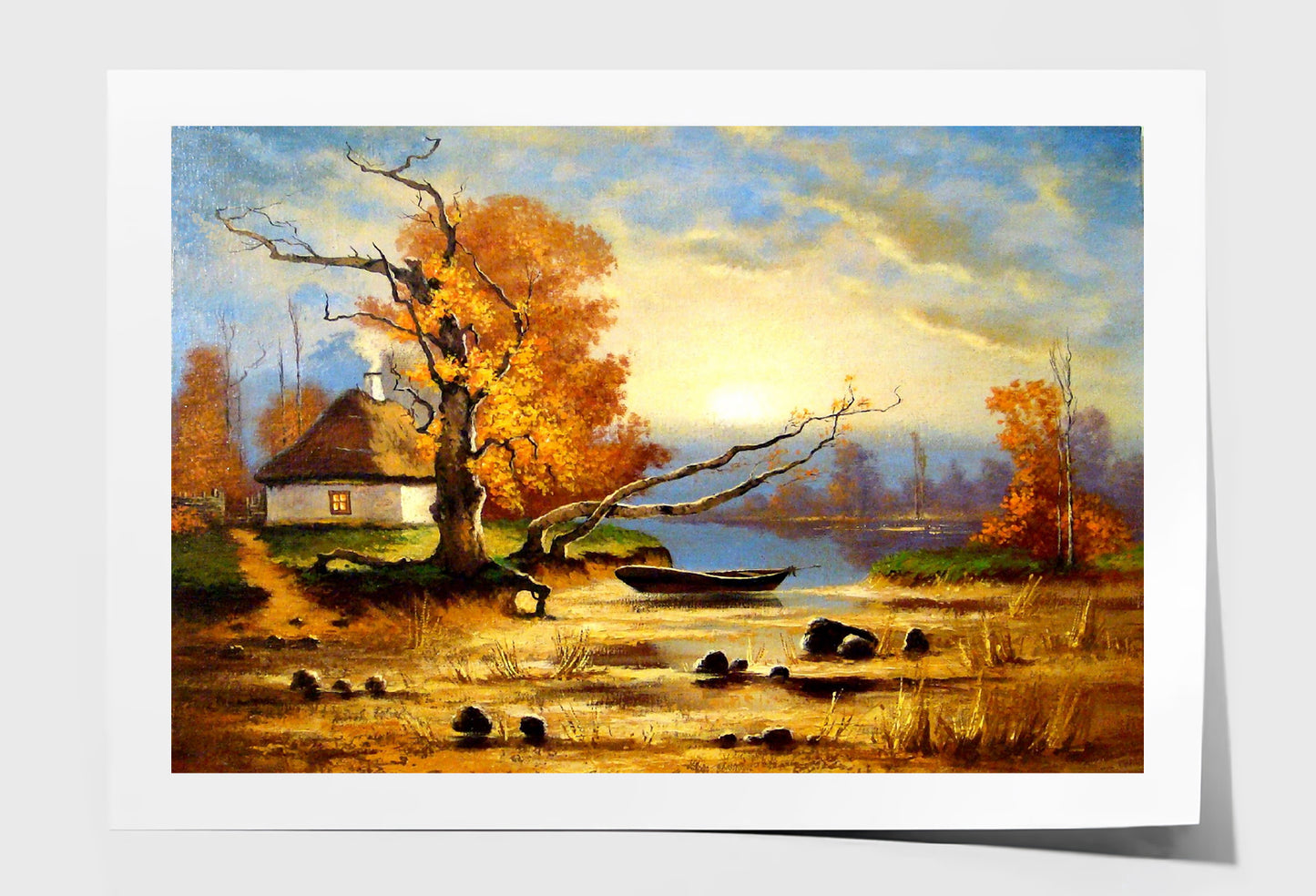 Village House & Dead Tree near River Oil Painting Wall Art Limited Edition High Quality Print Unframed Roll Canvas None