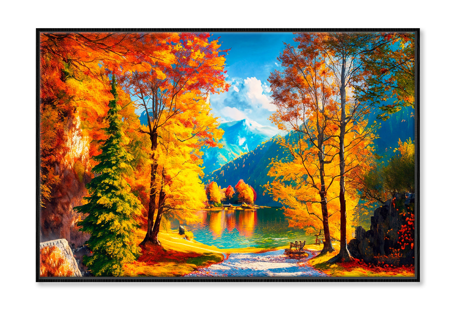 Reflection Of Autumn Trees In Water, Autumn Lake Oil Painting Limited Edition High Quality Print Canvas Box Framed Black