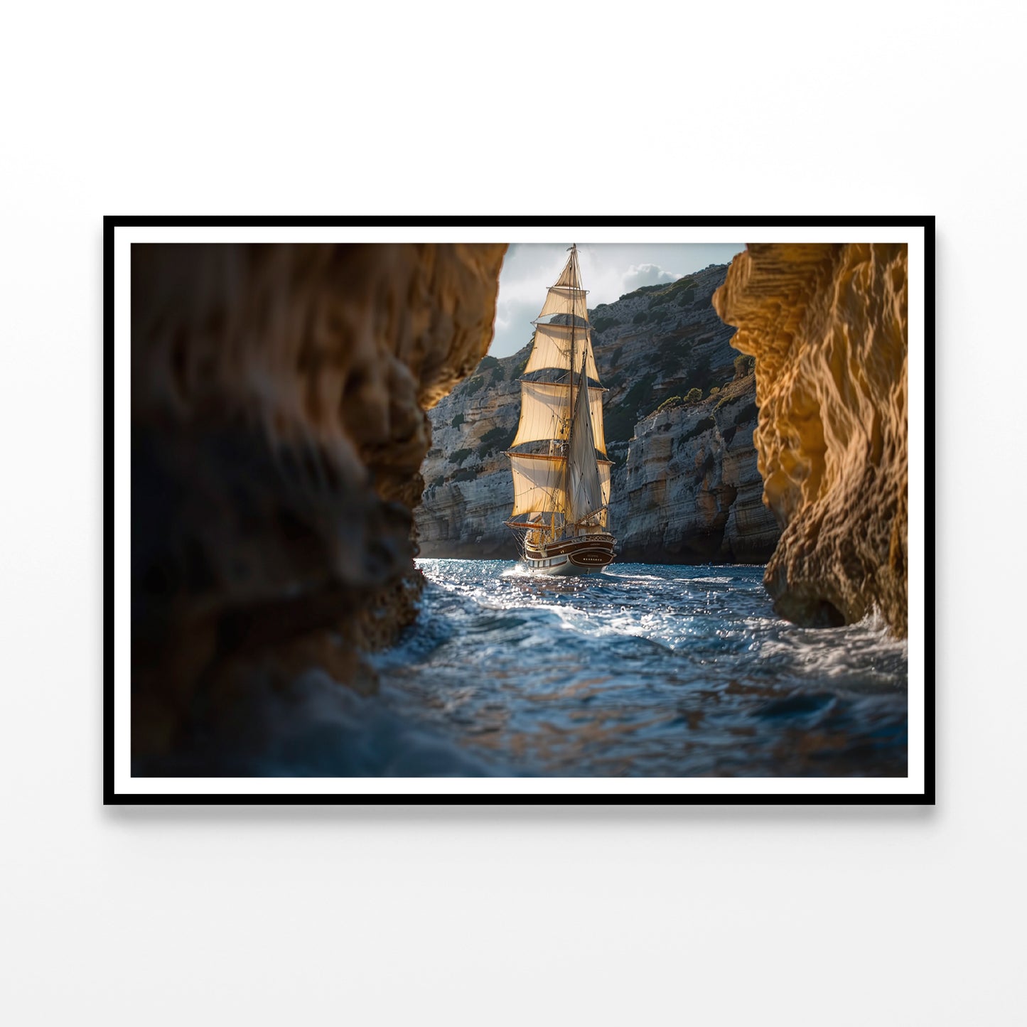 Sailboat Floating In the Water with Sky and Rocks Home Decor Premium Quality Poster Print Choose Your Sizes