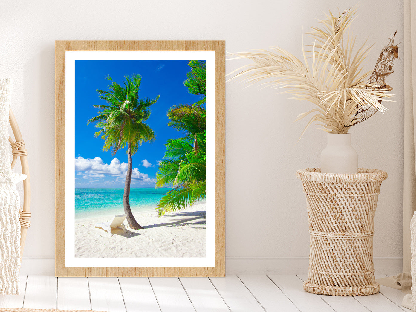 Palm Tree & Chair in Paradise Beach Photograph Glass Framed Wall Art, Ready to Hang Quality Print With White Border Oak