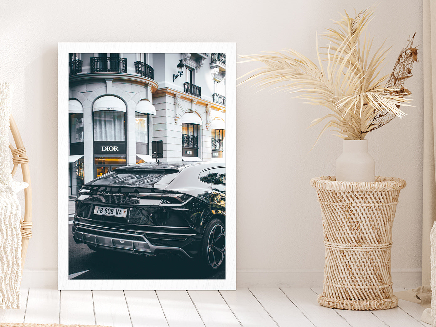 Lamborghini near Fashion Store Photograph Glass Framed Wall Art, Ready to Hang Quality Print Without White Border White