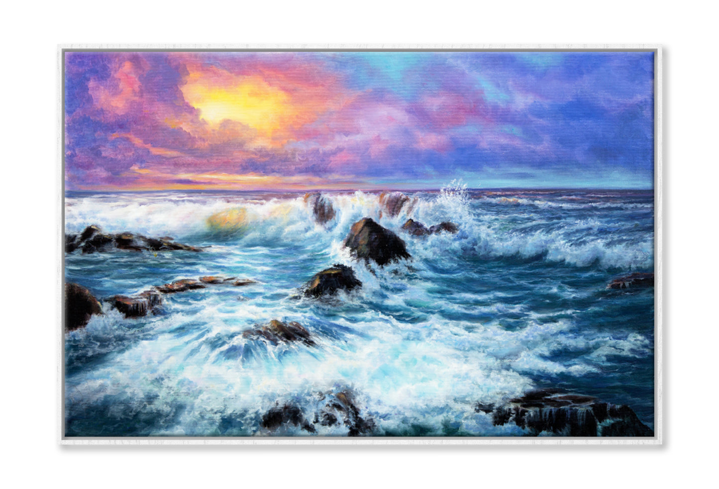 Painting Of Sunset In Ocean Limited Edition High Quality Print Canvas Box Framed White