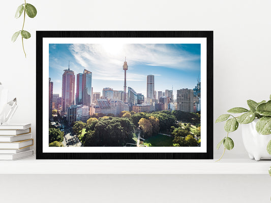 Drone View In Sydney Cityscape Glass Framed Wall Art, Ready to Hang Quality Print With White Border Black