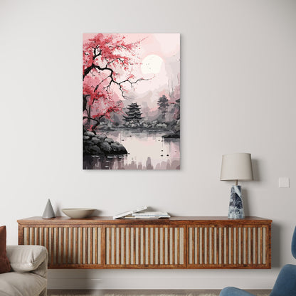 Zen Pagoda Sakura Lake 60x90cm Metal Print Ready to Hang