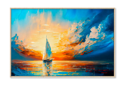 Sailboat Boat at Sunset On The Ocean Oil Painting Wall Art Limited Edition High Quality Print Canvas Box Framed Natural