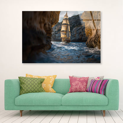 Sailboat Floating In the Water with Sky and Rocks Acrylic Glass Print Tempered Glass Wall Art 100% Made in Australia Ready to Hang