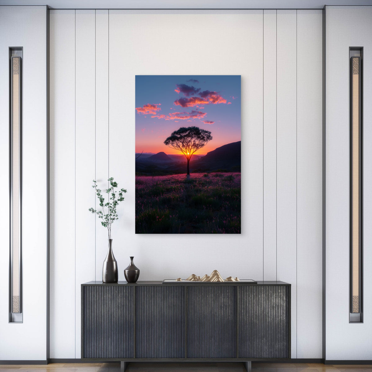 Vibrant Sunset with Tree in Desert 40x60cm Metal Print Ready to Hang