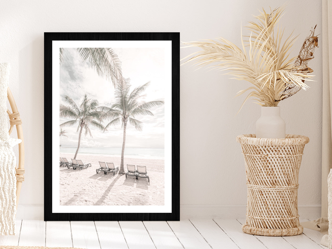 Palm Trees & Beach Chairs near Beach Glass Framed Wall Art, Ready to Hang Quality Print With White Border Black