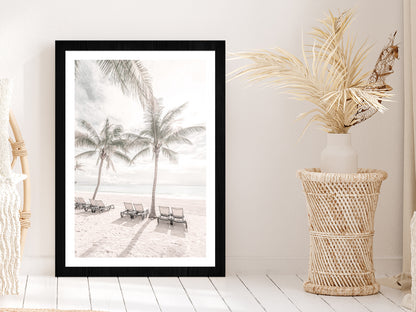 Palm Trees & Beach Chairs near Beach Glass Framed Wall Art, Ready to Hang Quality Print With White Border Black