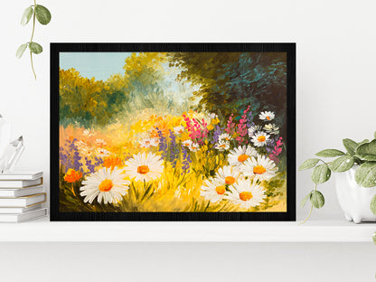 Field Of Daisies Oil Painting Glass Framed Wall Art, Ready to Hang Quality Print Without White Border Black