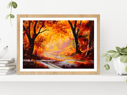 Autumn Forest Oil Painting Glass Framed Wall Art, Ready to Hang Quality Print With White Border Oak