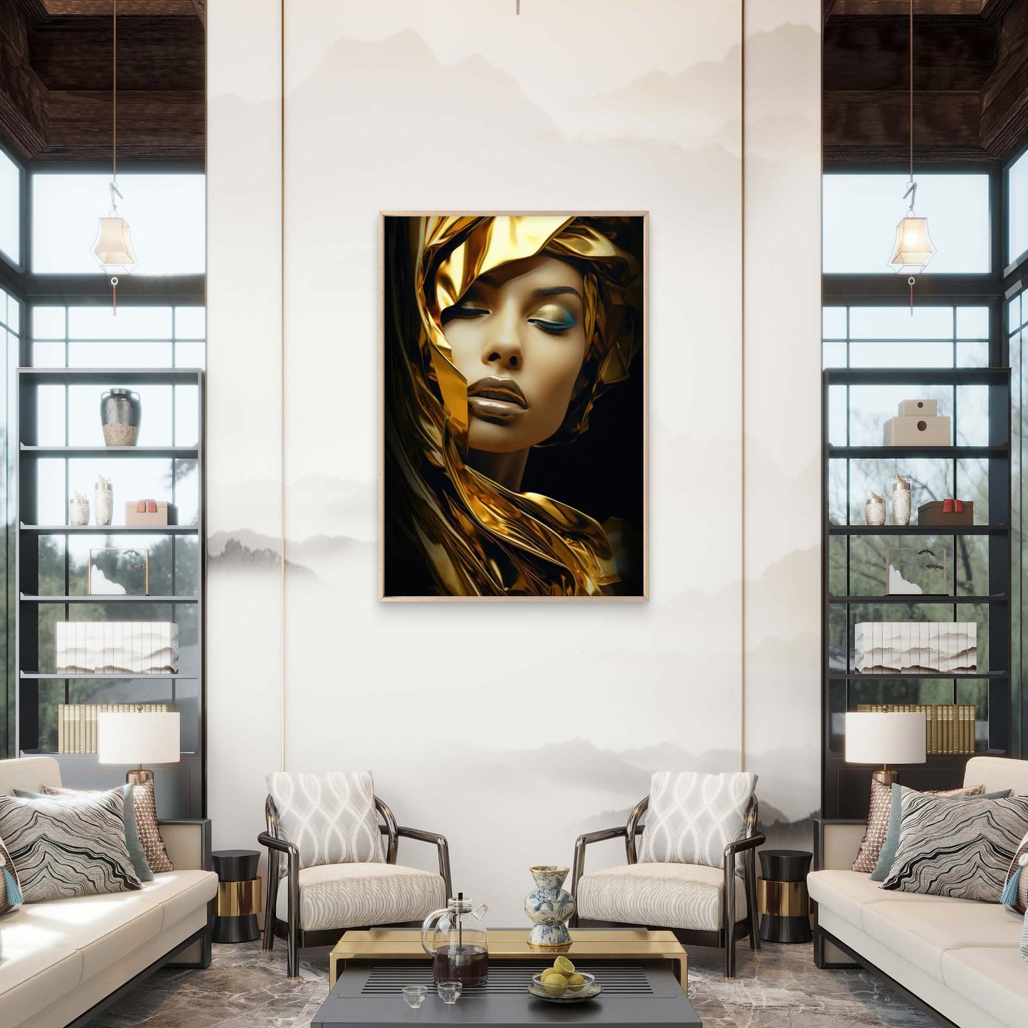 Modern Golden and Black Swirl Woman Face Fashion Home Decor Premium Quality Poster Print Choose Your Sizes