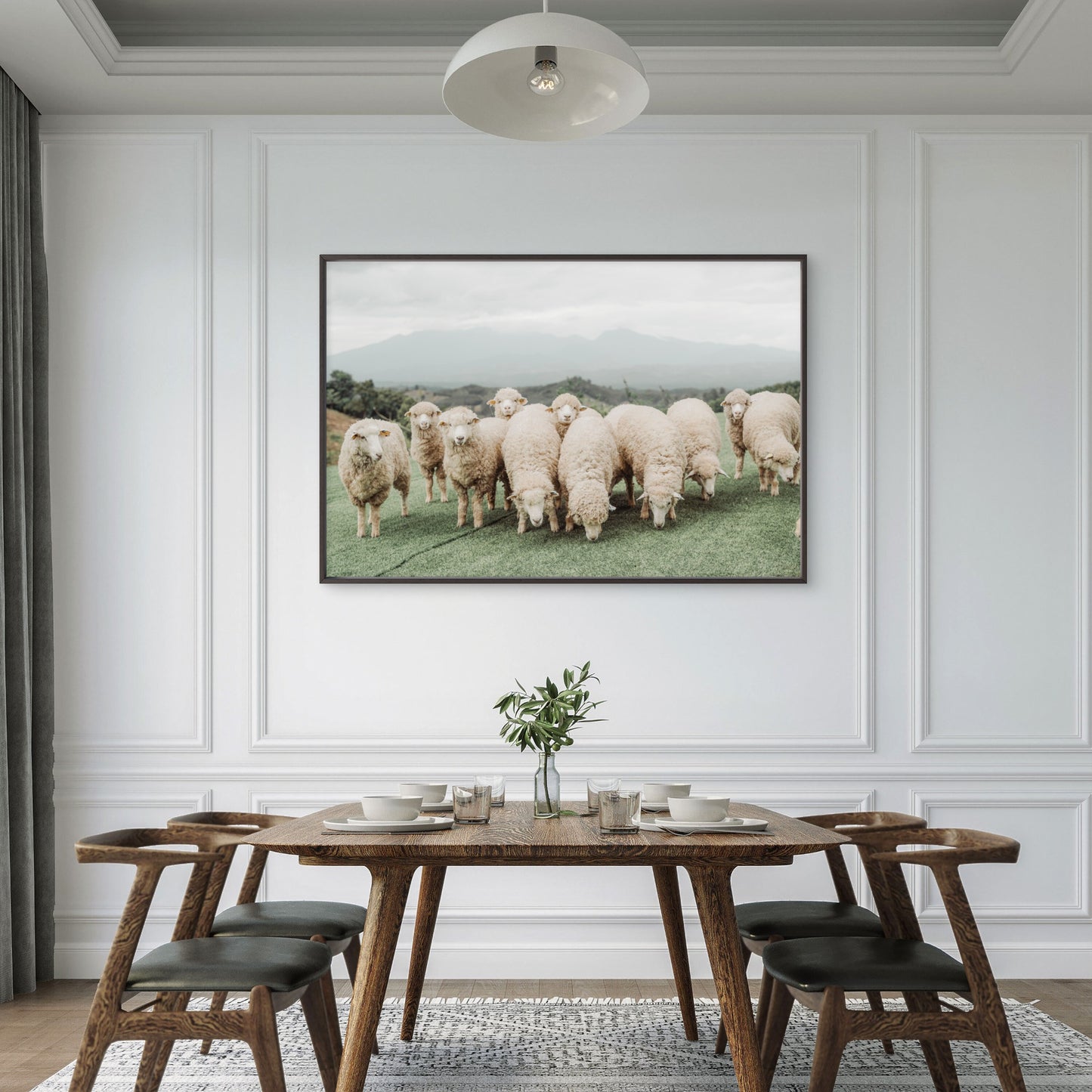 Neutral Toned Shaggy Sheep on Green Hill with Misty Mountains Wall Art Decor 100% Australian Made