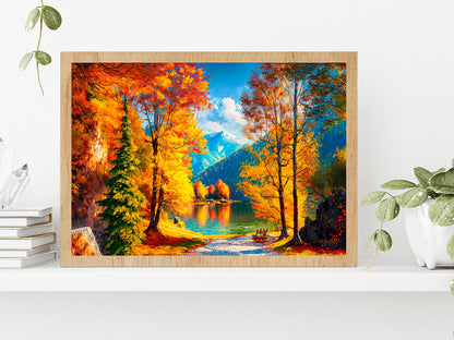 Reflection Of Autumn Trees In Water, Autumn Lake Glass Framed Wall Art, Ready to Hang Quality Print Without White Border Oak