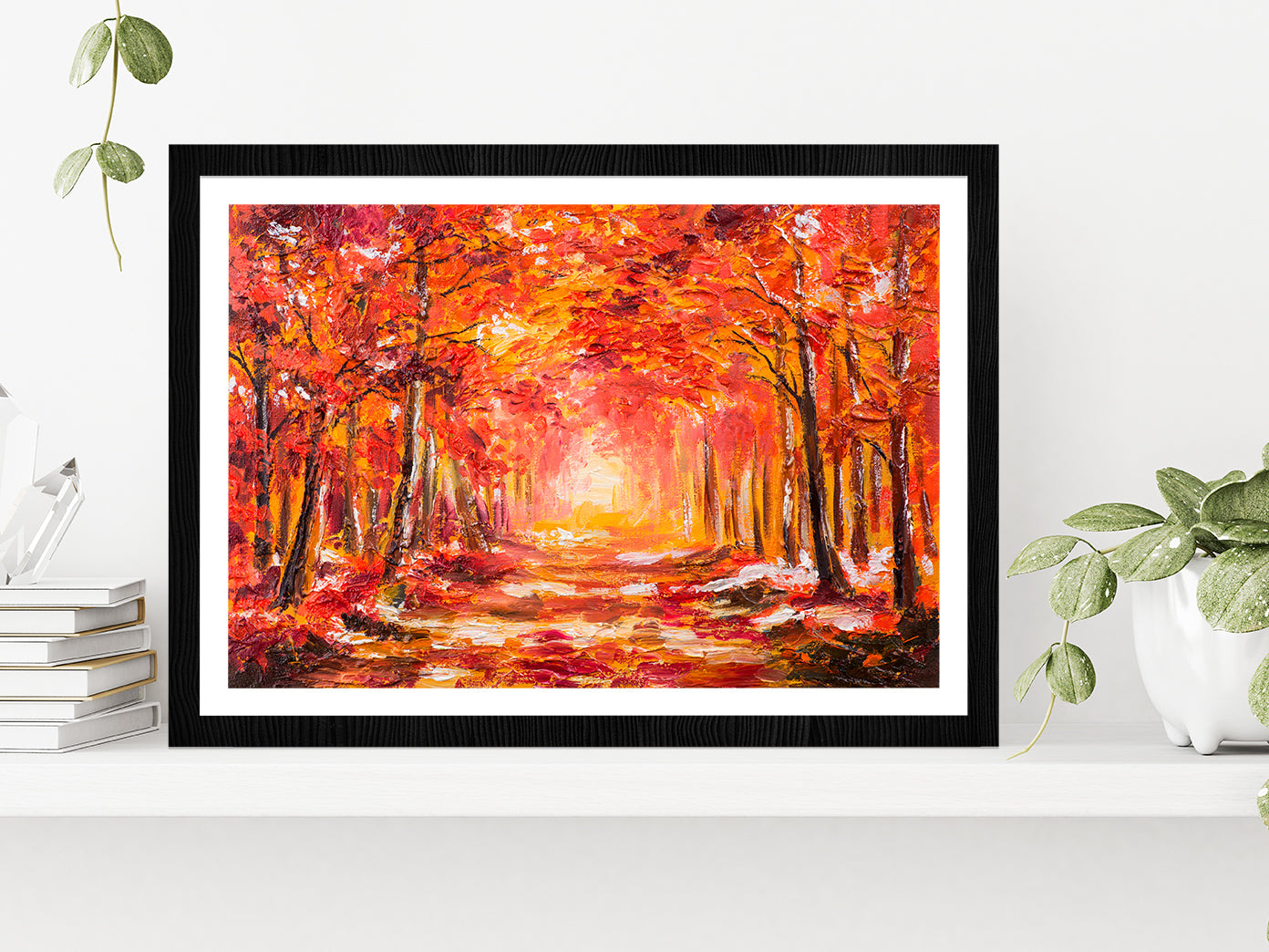 Autumn Forest With Red Trees Glass Framed Wall Art, Ready to Hang Quality Print With White Border Black