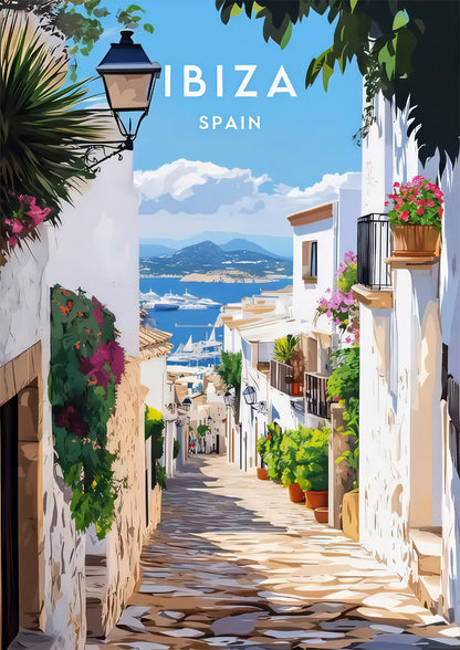 Spain Ibiza Vibrant Street Scene with Blue Sky & Ocean Travel Poster Print Wall Art