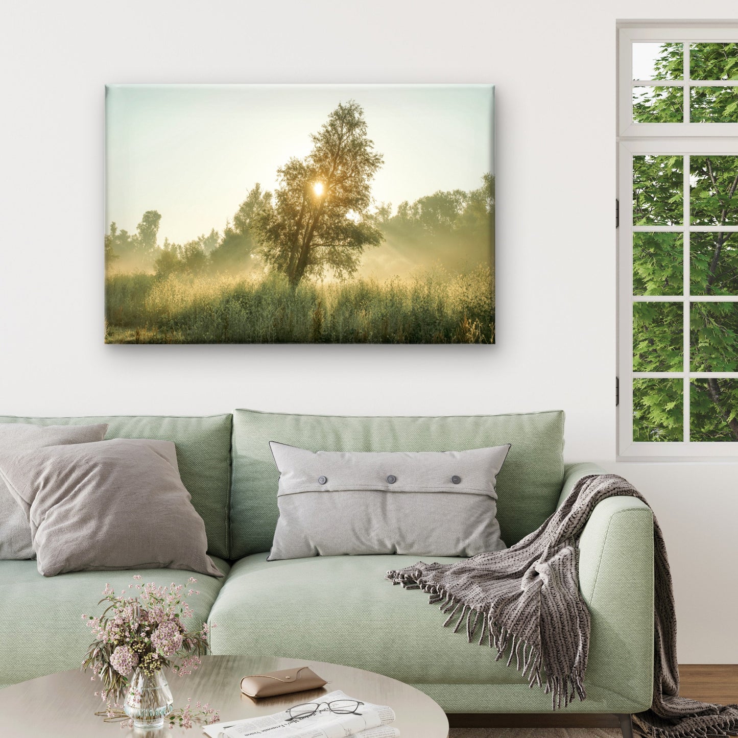 Golden Sunrise Through Lone Tree Foggy Meadow Wall Art Decor 100% Australian Made