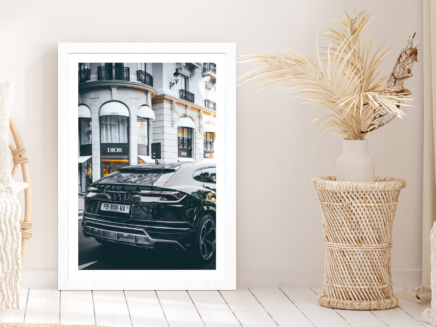 Lamborghini near Fashion Store Photograph Glass Framed Wall Art, Ready to Hang Quality Print With White Border White