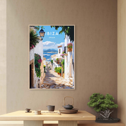 Spain Ibiza Vibrant Street Scene with Blue Sky & Ocean Travel Poster Print Wall Art