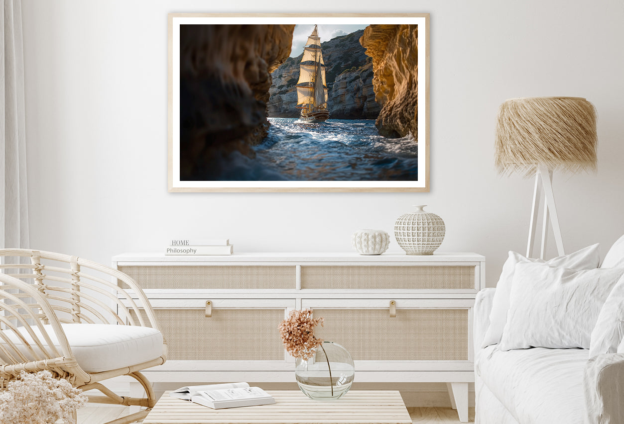 Sailboat Floating In the Water with Sky and Rocks Home Decor Premium Quality Poster Print Choose Your Sizes