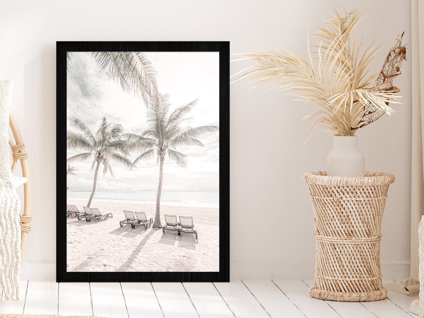 Palm Trees & Beach Chairs near Beach Glass Framed Wall Art, Ready to Hang Quality Print Without White Border Black