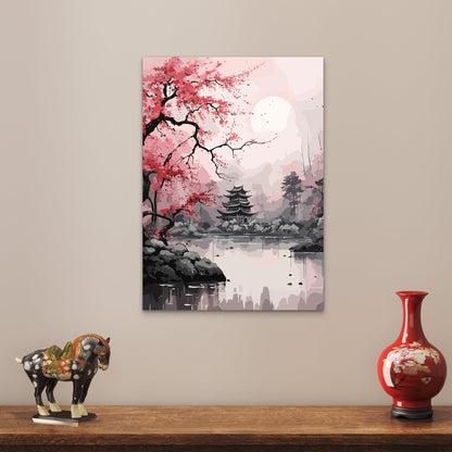 Zen Pagoda Sakura Lake 60x90cm Metal Print Ready to Hang