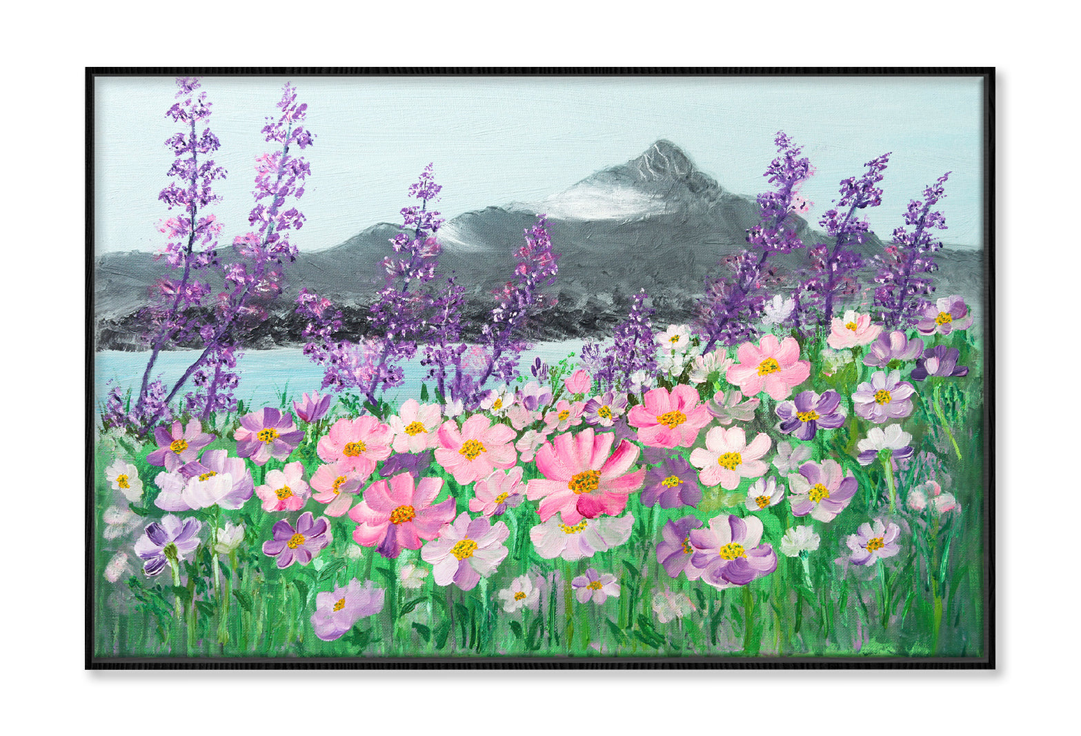 Pink & Purple Cosmos Daisies & Mountains Lake Painting Wall Art Limited Edition High Quality Print Canvas Box Framed Black