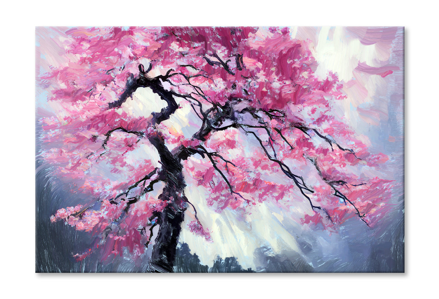 Japanese Pink Sakura Cherry Tree Oil Painting Wall Art Limited Edition High Quality Print Stretched Canvas None