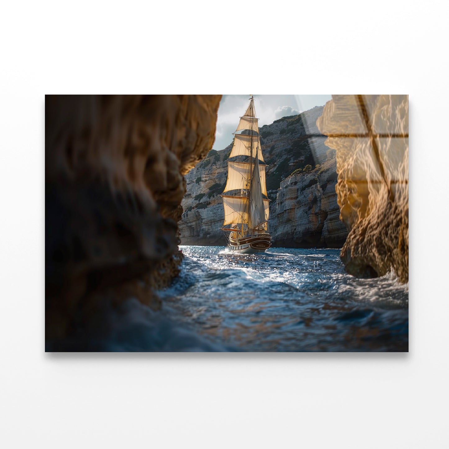 Sailboat Floating In the Water with Sky and Rocks Acrylic Glass Print Tempered Glass Wall Art 100% Made in Australia Ready to Hang