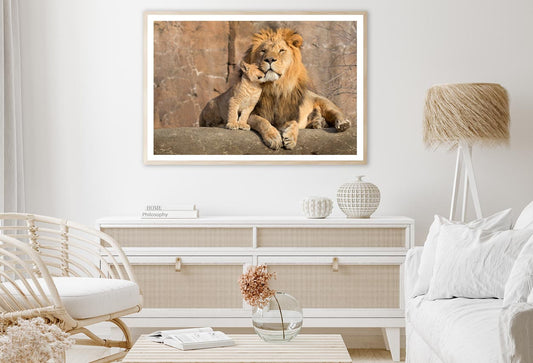 Male African Lion Is Cuddled by His Cub Home Decor Premium Quality Poster Print Choose Your Sizes