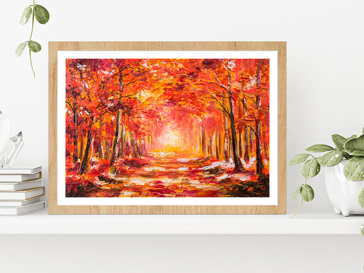 Autumn Forest With Red Trees Glass Framed Wall Art, Ready to Hang Quality Print With White Border Oak