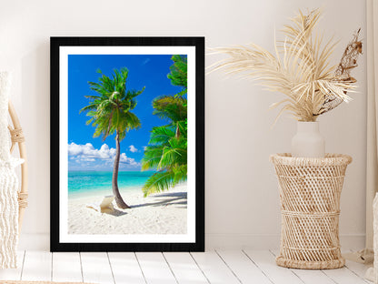 Palm Tree & Chair in Paradise Beach Photograph Glass Framed Wall Art, Ready to Hang Quality Print With White Border Black