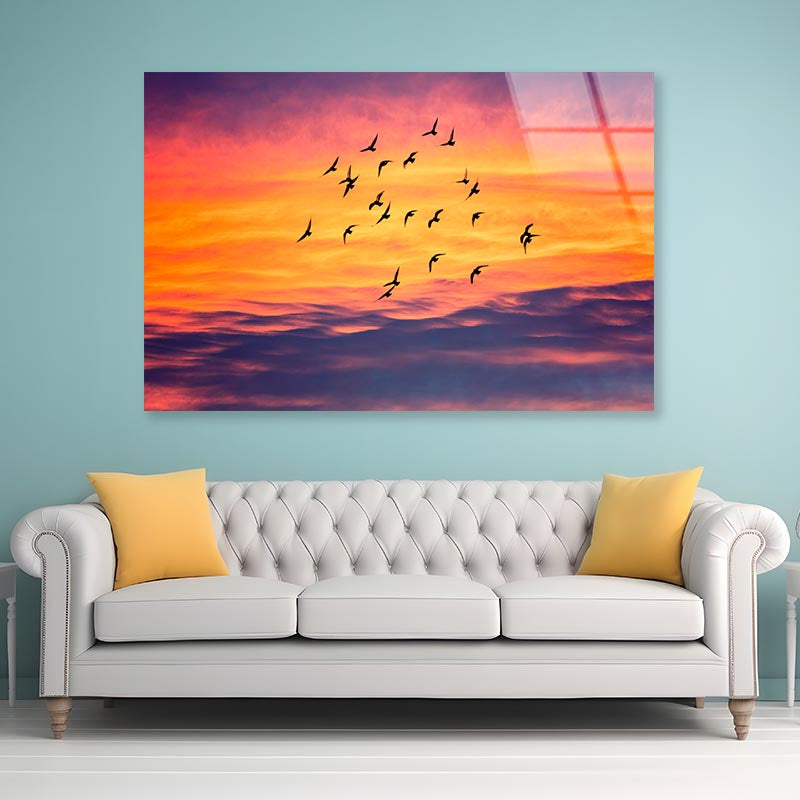 Birds Flying into Sunset Sky Acrylic Glass Print Tempered Glass Wall Art 100% Made in Australia Ready to Hang