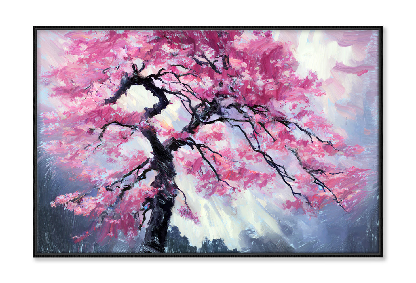 Japanese Pink Sakura Cherry Tree Oil Painting Wall Art Limited Edition High Quality Print Canvas Box Framed Black