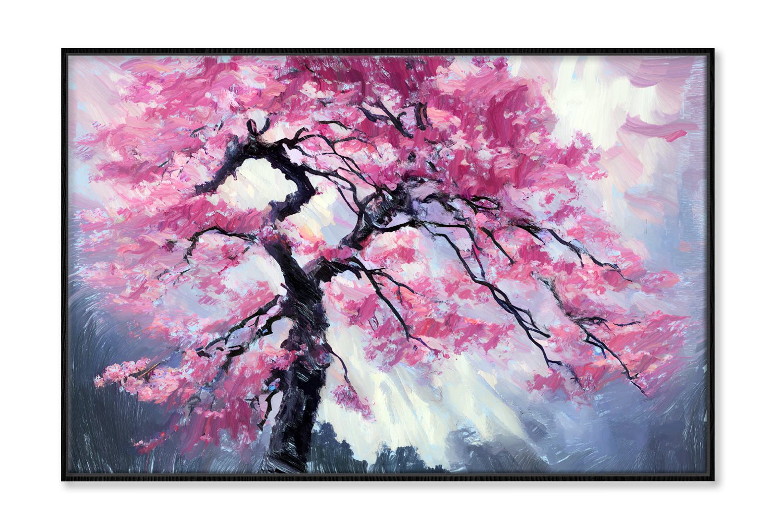 Japanese Pink Sakura Cherry Tree Oil Painting Wall Art Limited Edition High Quality Print Canvas Box Framed Black