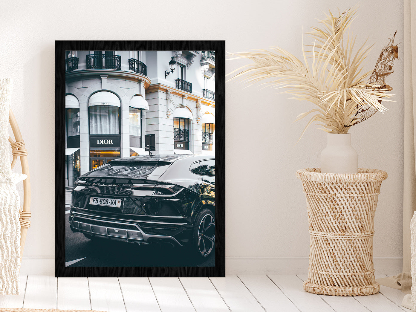 Lamborghini near Fashion Store Photograph Glass Framed Wall Art, Ready to Hang Quality Print Without White Border Black