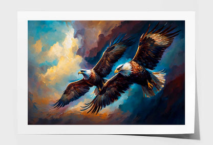 Tow Eagles Flying on Cloudy Sky Wall Art Limited Edition High Quality Print