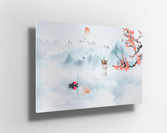 Japanese blue watercolor cherry blossom mountains UV Direct Aluminum Print Australian Made Quality